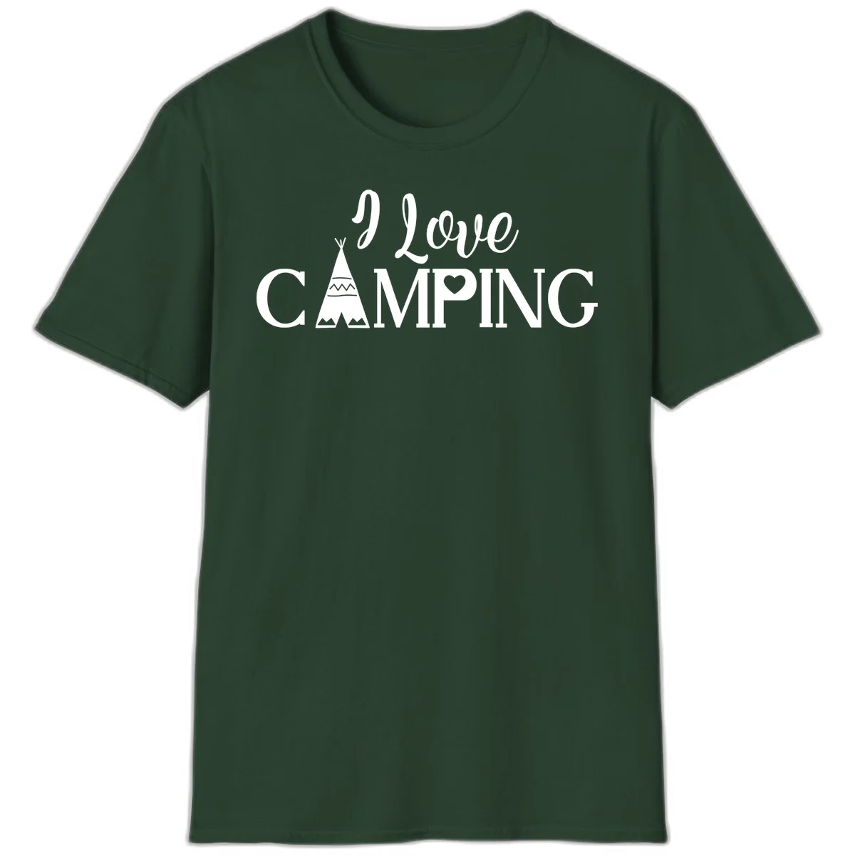 White i-love-camping-teepee design on gray background with decorative geometric patterns and heart symbol in Forest Green