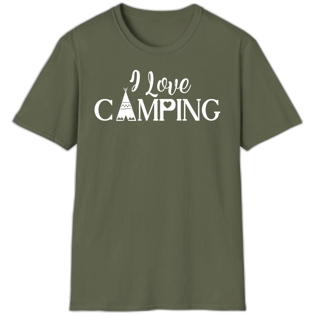 White i-love-camping-teepee design on gray background with decorative geometric patterns and heart symbol in Military Green