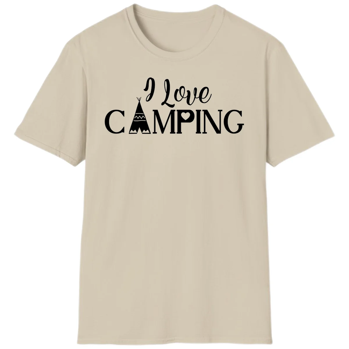 White i-love-camping-teepee design on gray background with decorative geometric patterns and heart symbol in Sand