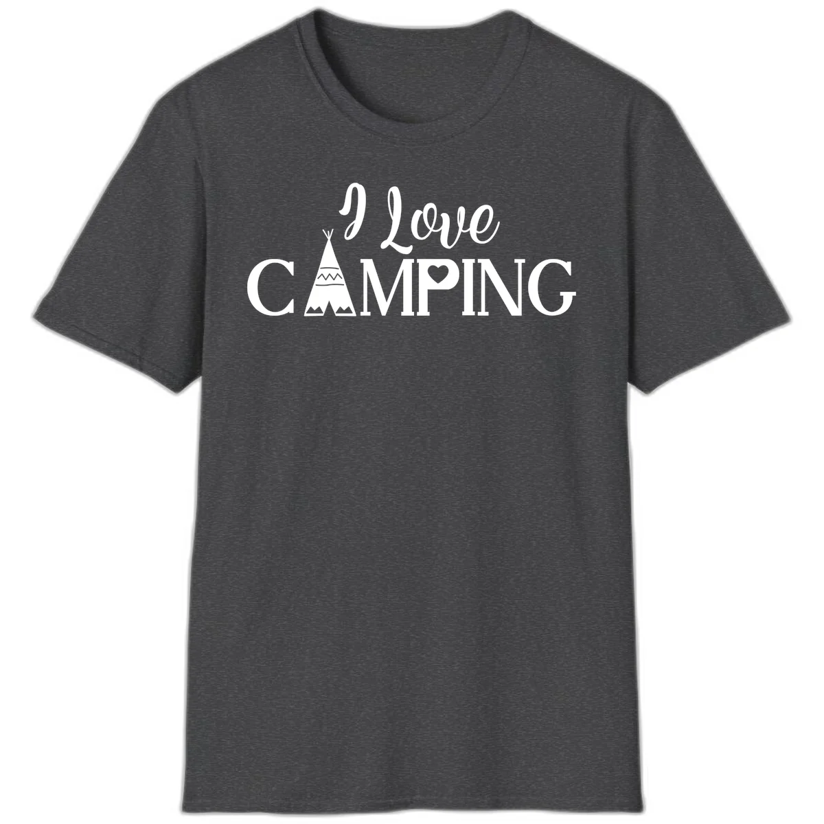 White i-love-camping-teepee design on gray background with decorative geometric patterns and heart symbol in Dark Heather