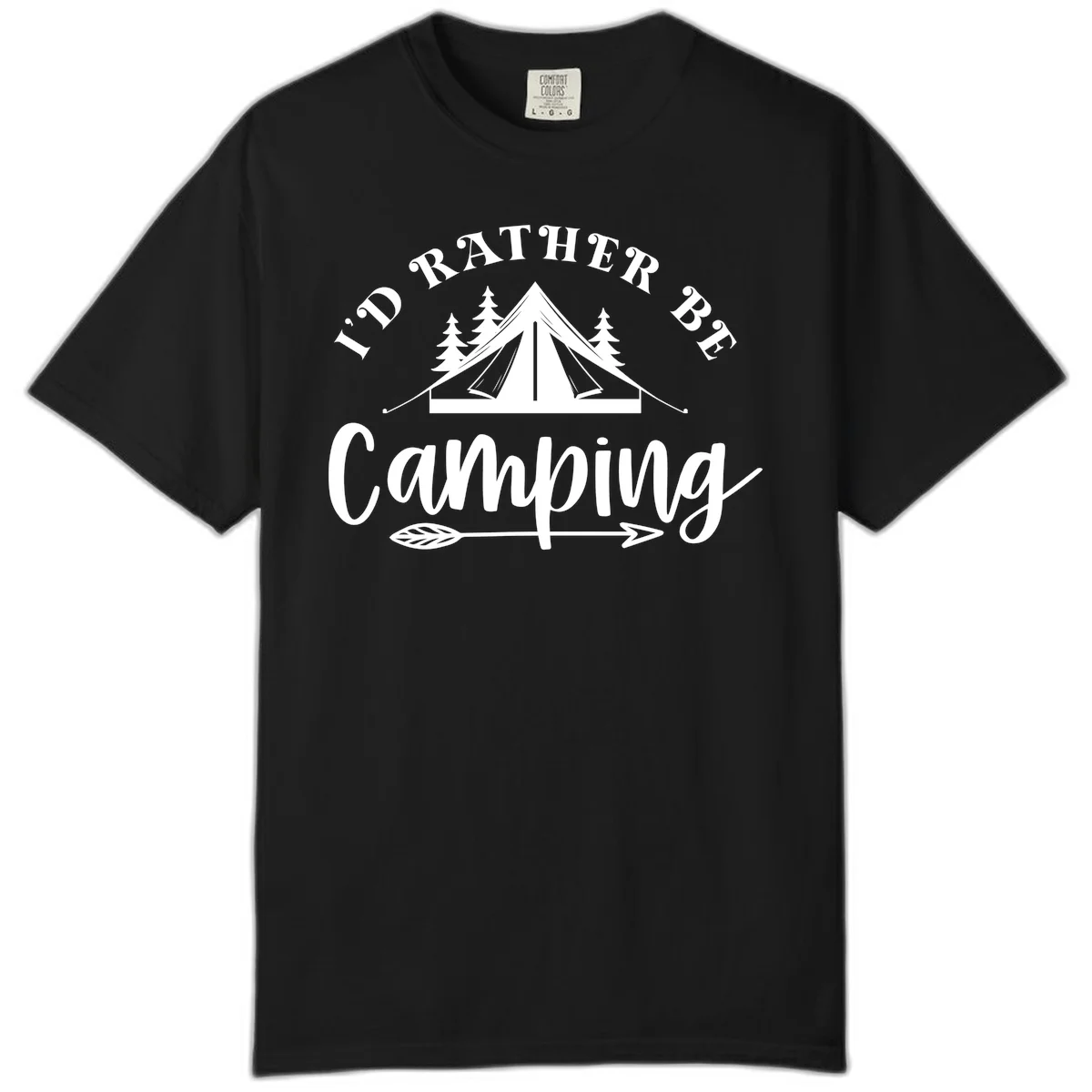 I'd Rather Be Camping design with bell tent, pine trees, and decorative elements on gray background in Black
