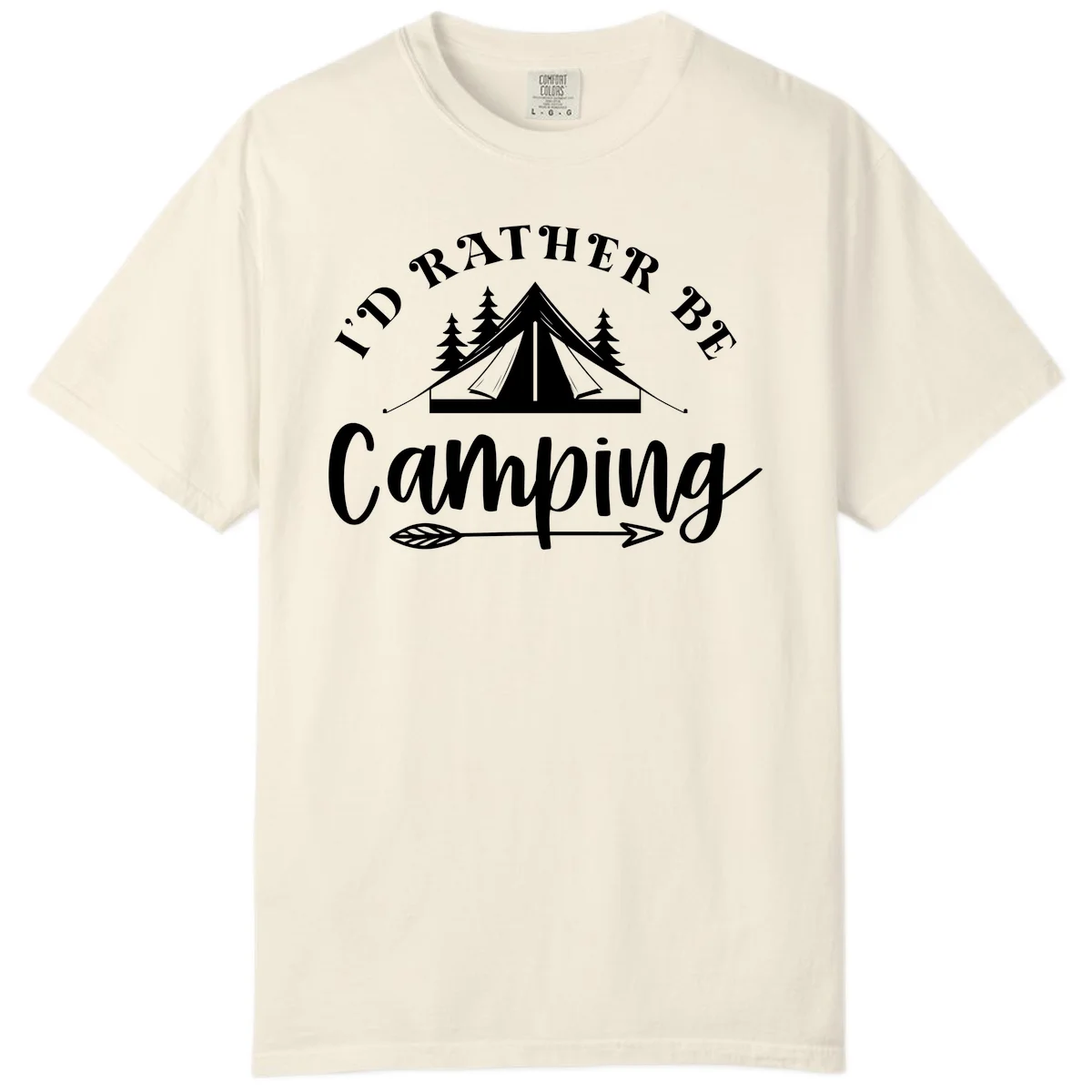 I'd Rather Be Camping design with bell tent, pine trees, and decorative elements on gray background in Ivory