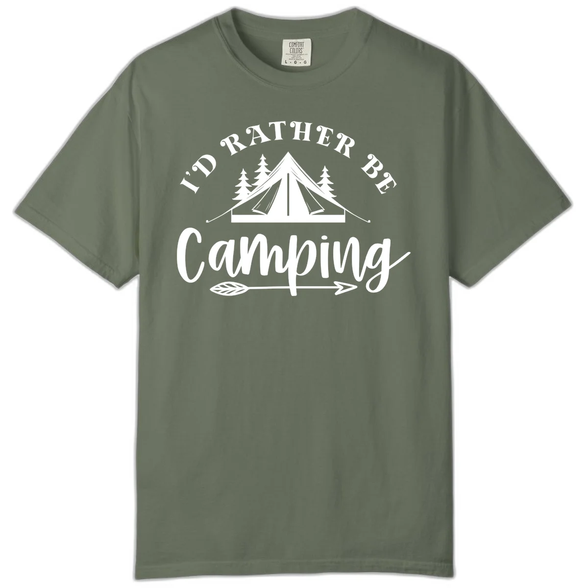 I'd Rather Be Camping design with bell tent, pine trees, and decorative elements on gray background in Moss