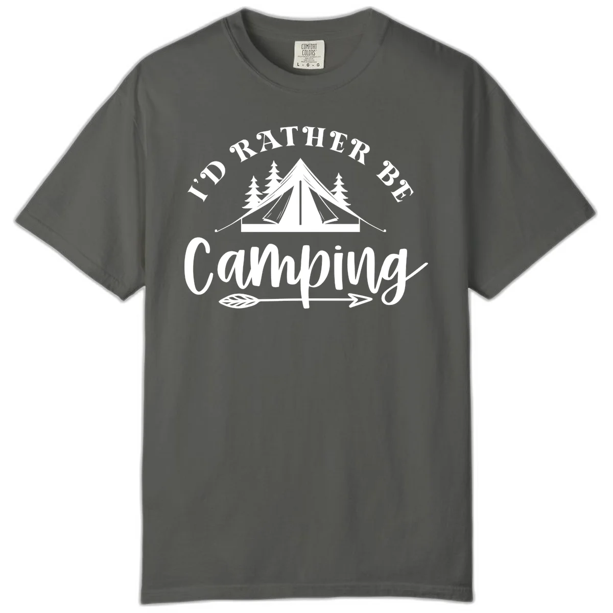 I'd Rather Be Camping design with bell tent, pine trees, and decorative elements on gray background in Pepper