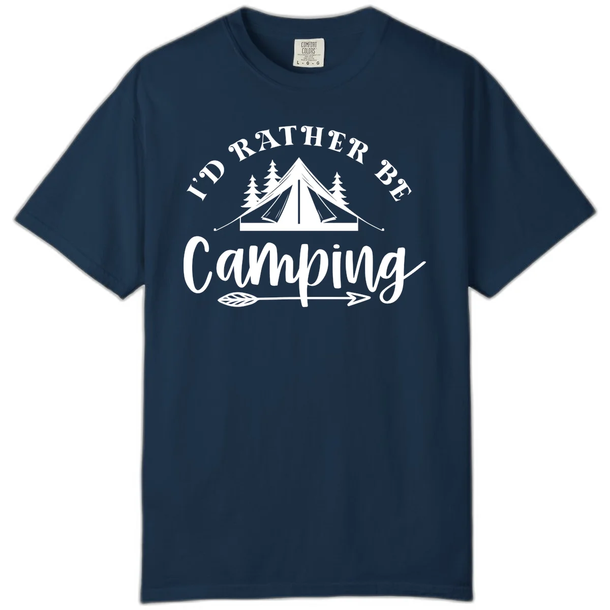 I'd Rather Be Camping design with bell tent, pine trees, and decorative elements on gray background in True Navy
