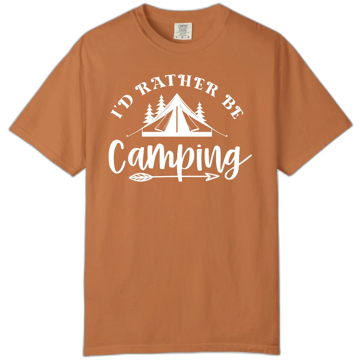 I'd Rather Be Camping design with bell tent, pine trees, and decorative elements on gray background in Yam