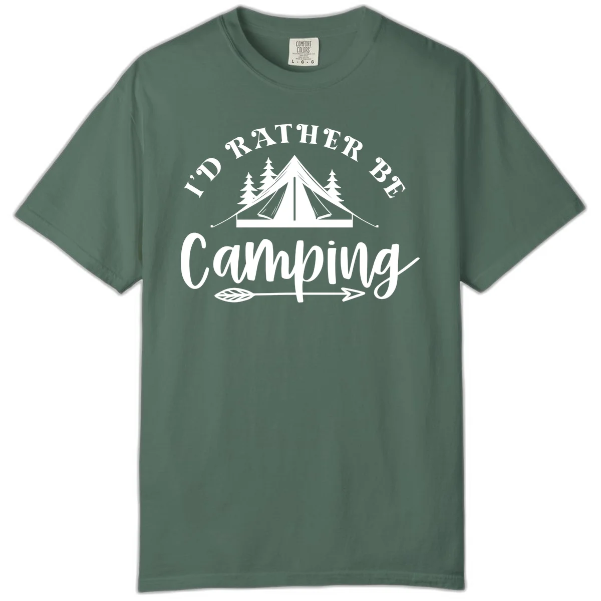 I'd Rather Be Camping design with bell tent, pine trees, and decorative elements on gray background in Blue Spruce