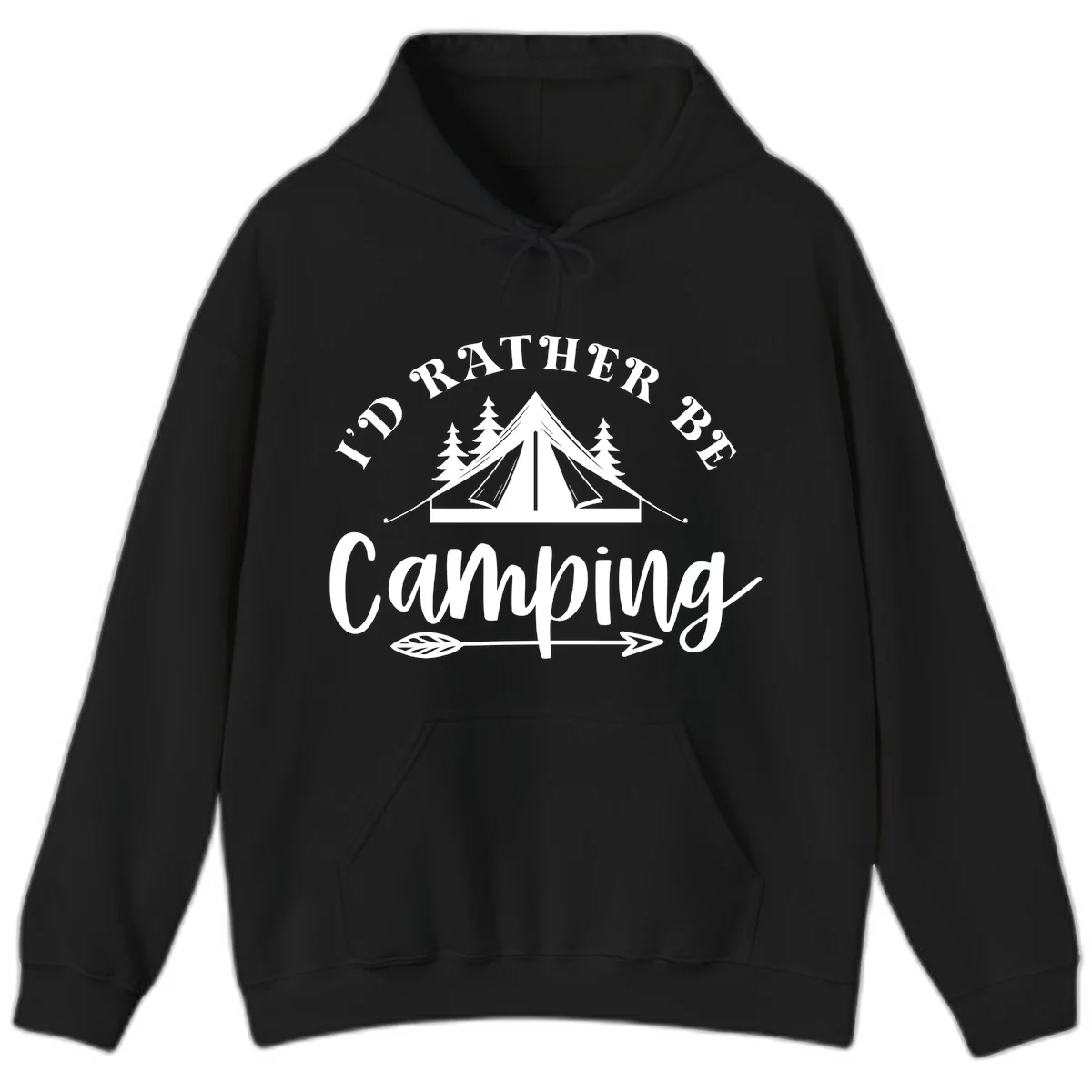 I'd Rather Be Camping design with bell tent, pine trees, and decorative elements on gray background in Black