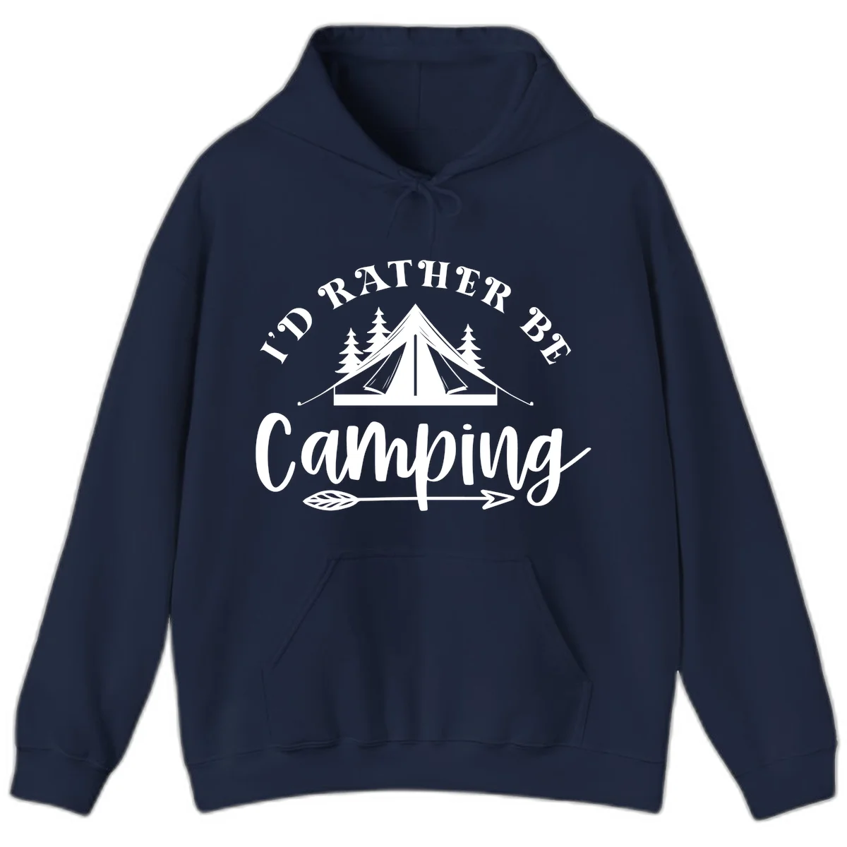 I'd Rather Be Camping design with bell tent, pine trees, and decorative elements on gray background in Navy