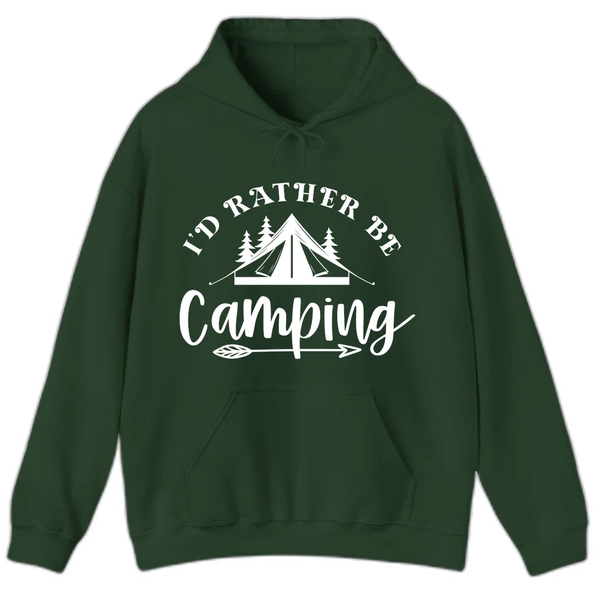 I'd Rather Be Camping design with bell tent, pine trees, and decorative elements on gray background in Forest Green