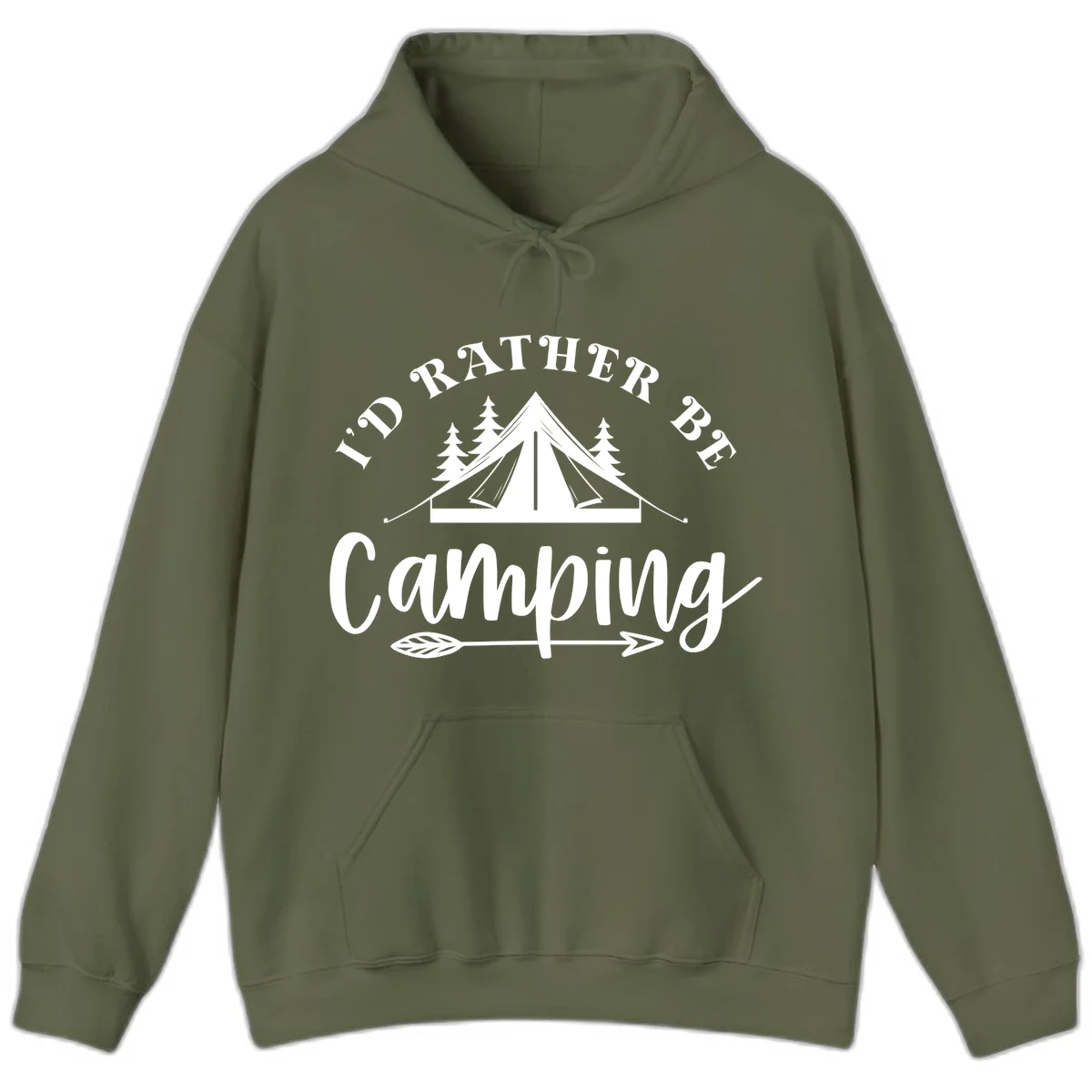 I'd Rather Be Camping design with bell tent, pine trees, and decorative elements on gray background in Military Green