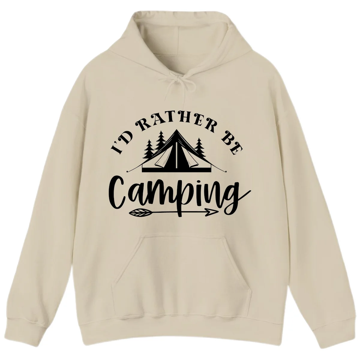 I'd Rather Be Camping design with bell tent, pine trees, and decorative elements on gray background in Sand