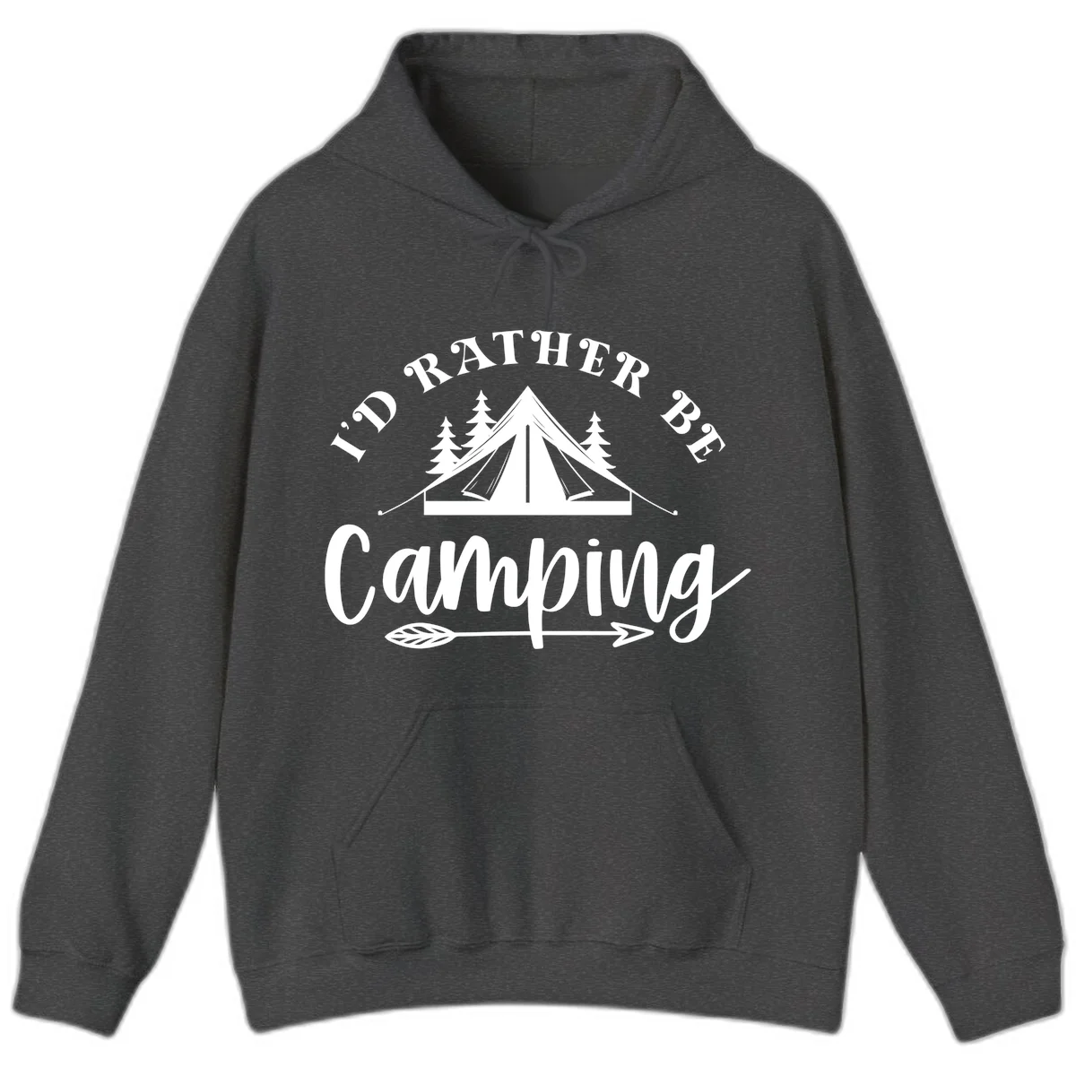 I'd Rather Be Camping design with bell tent, pine trees, and decorative elements on gray background in Dark Heather