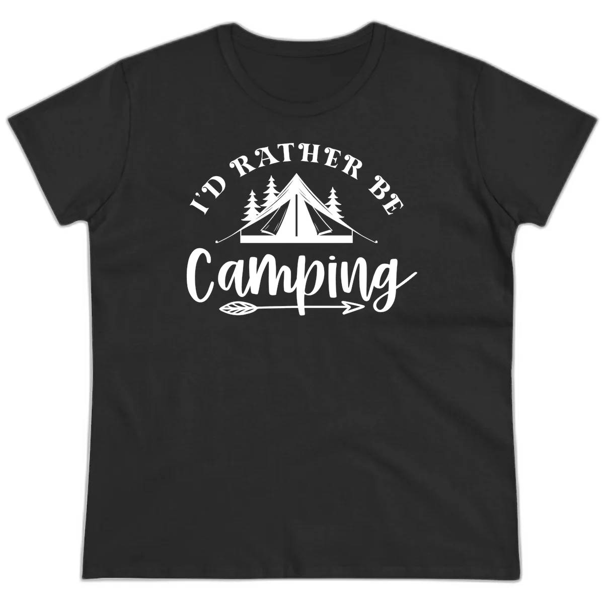 I'd Rather Be Camping design with bell tent, pine trees, and decorative elements on gray background in Black