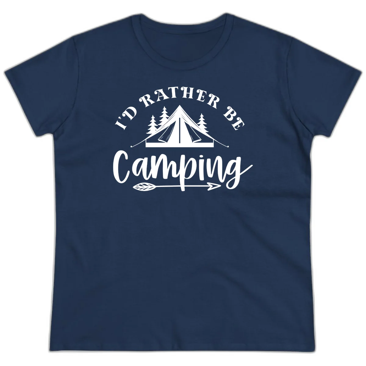 I'd Rather Be Camping design with bell tent, pine trees, and decorative elements on gray background in Navy
