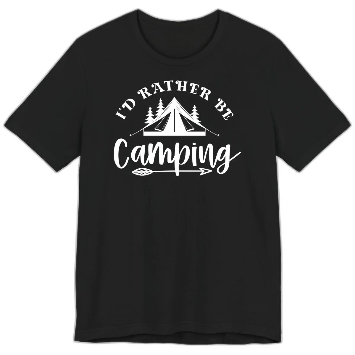 I'd Rather Be Camping design with bell tent, pine trees, and decorative elements on gray background in Black
