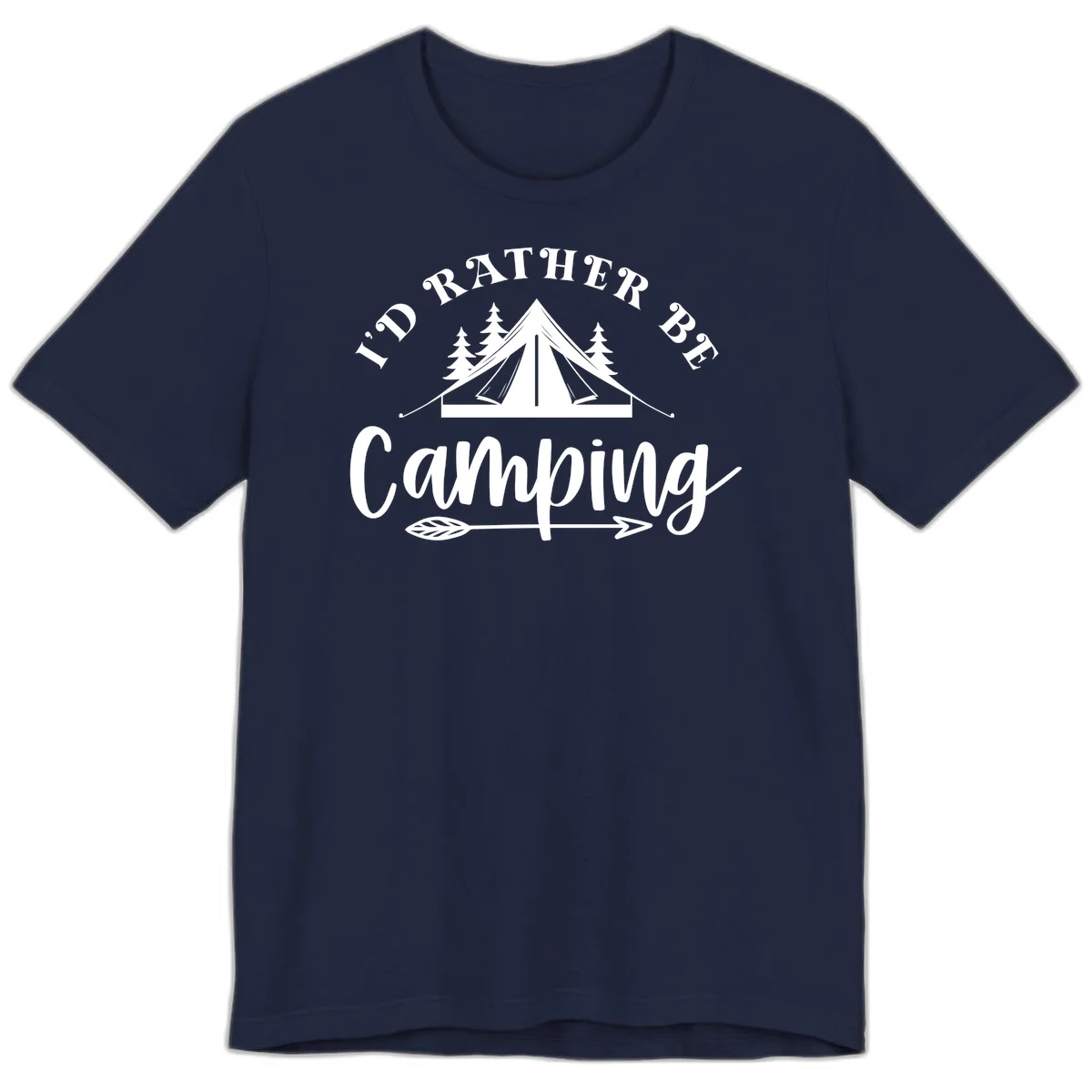 I'd Rather Be Camping design with bell tent, pine trees, and decorative elements on gray background in Navy