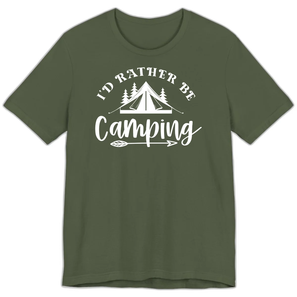 I'd Rather Be Camping design with bell tent, pine trees, and decorative elements on gray background in Military Green