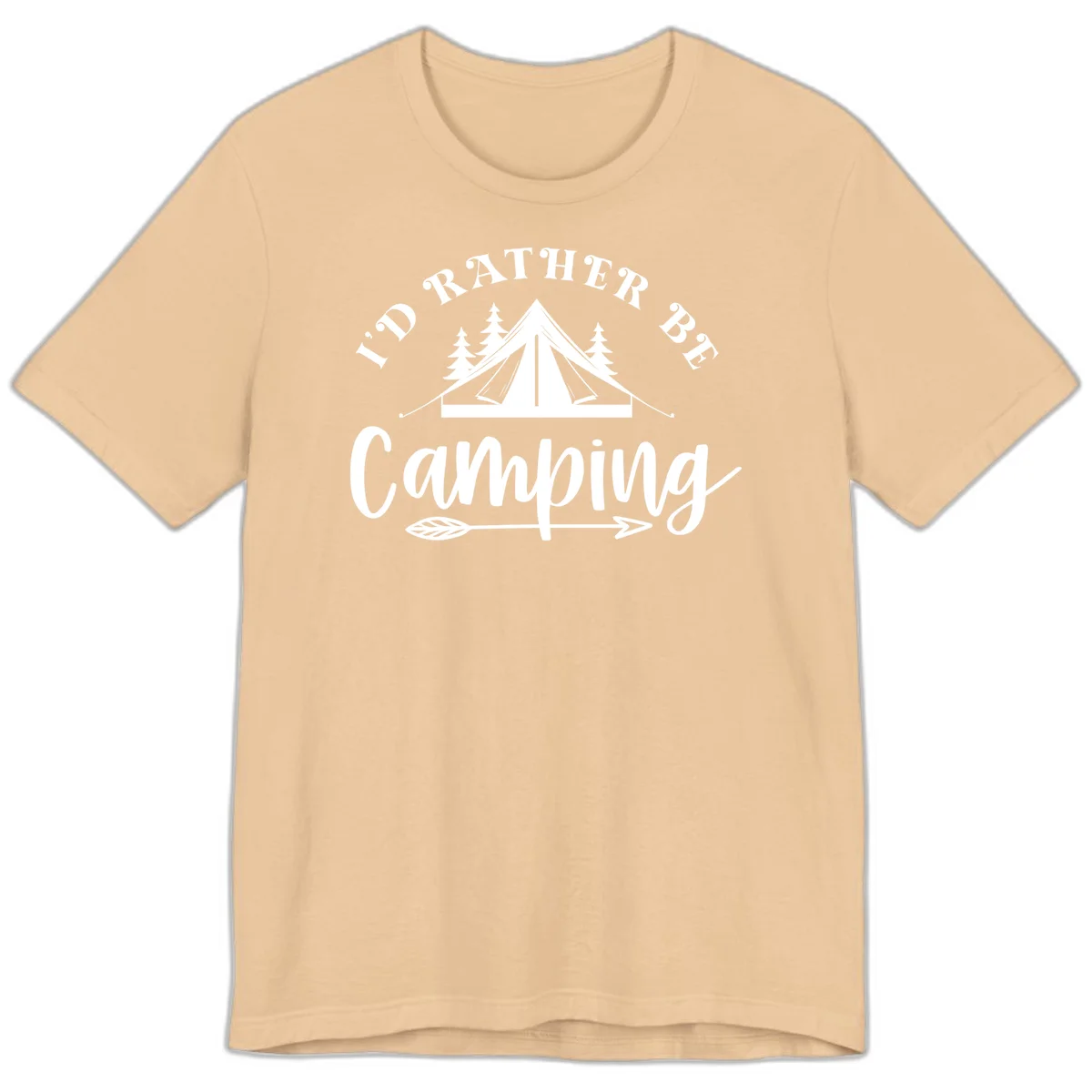 I'd Rather Be Camping design with bell tent, pine trees, and decorative elements on gray background in Sand Dune