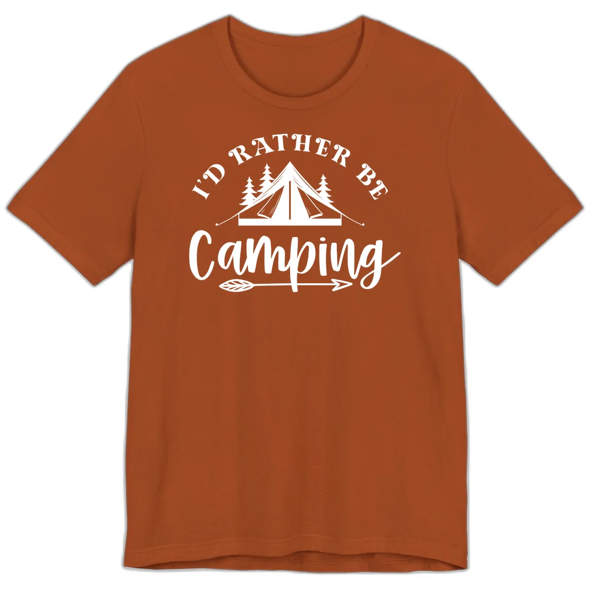 I'd Rather Be Camping design with bell tent, pine trees, and decorative elements on gray background in Autumn