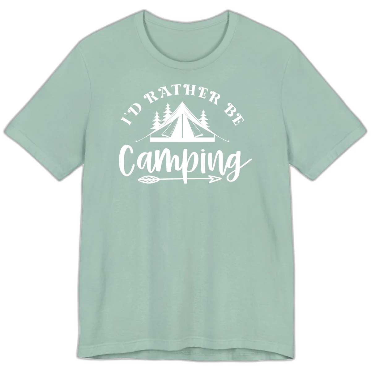 I'd Rather Be Camping design with bell tent, pine trees, and decorative elements on gray background in Dusty Blue