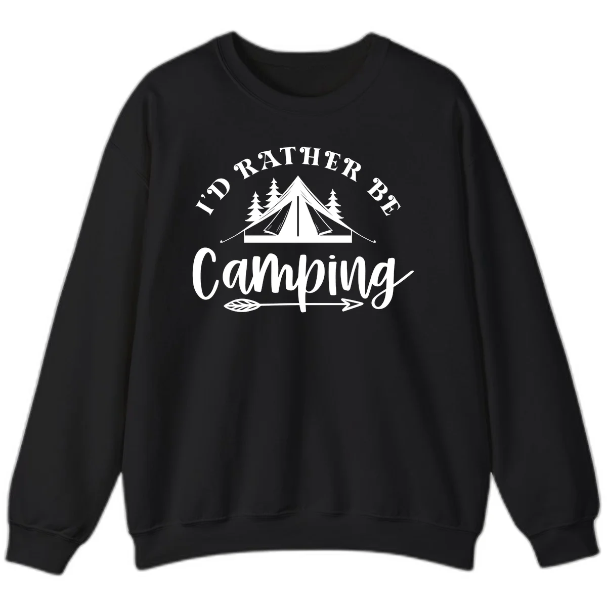 I'd Rather Be Camping design with bell tent, pine trees, and decorative elements on gray background in Black