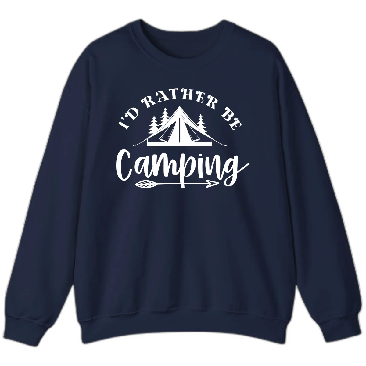 I'd Rather Be Camping design with bell tent, pine trees, and decorative elements on gray background in Navy