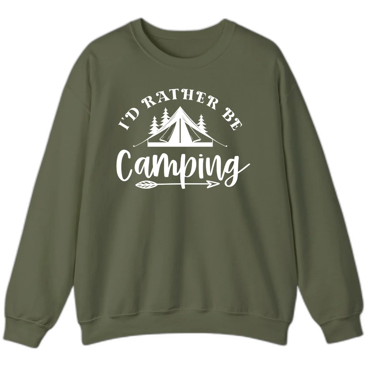 I'd Rather Be Camping design with bell tent, pine trees, and decorative elements on gray background in Military Green