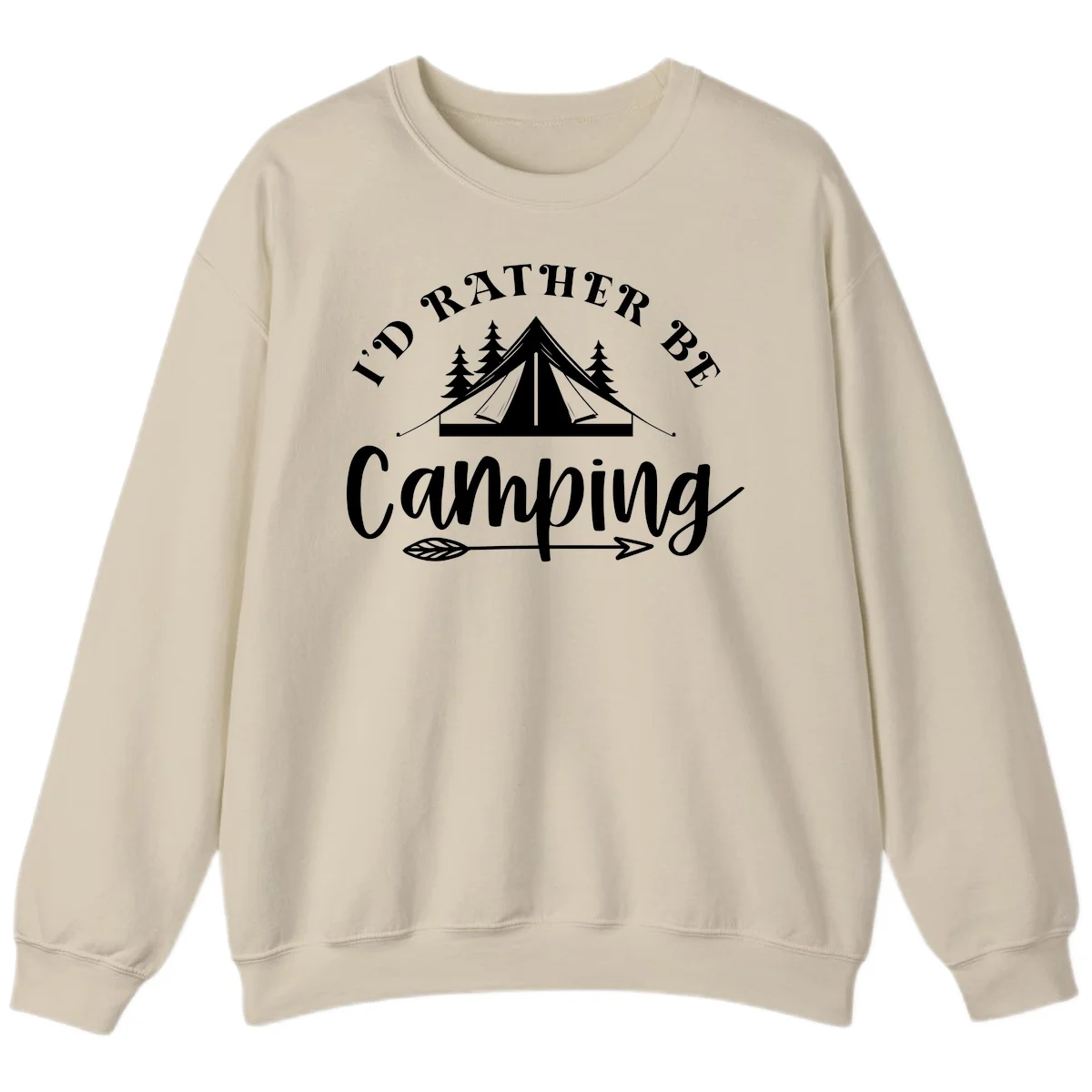 I'd Rather Be Camping design with bell tent, pine trees, and decorative elements on gray background in Sand