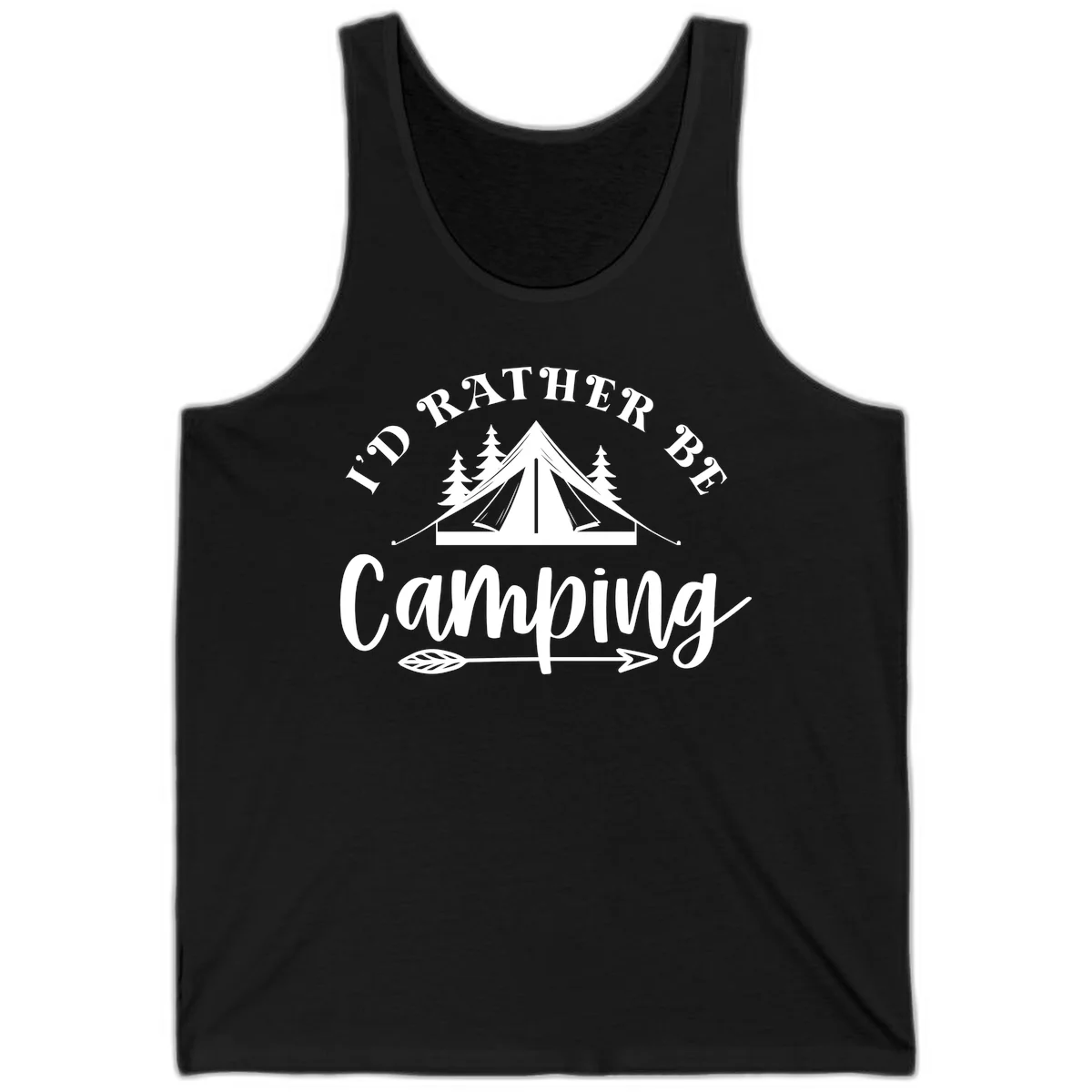 I'd Rather Be Camping design with bell tent, pine trees, and decorative elements on gray background in Black