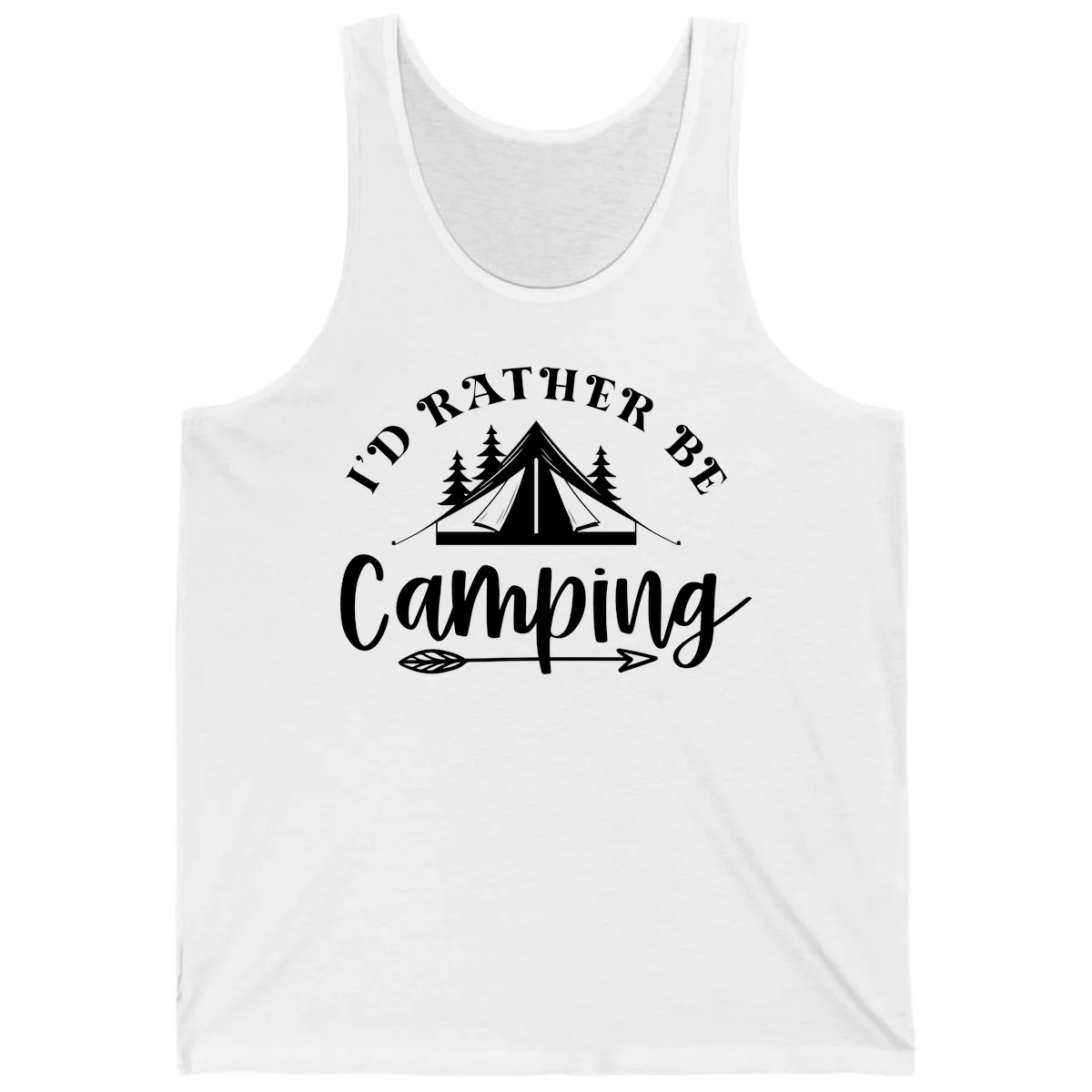 I'd Rather Be Camping design with bell tent, pine trees, and decorative elements on gray background in White
