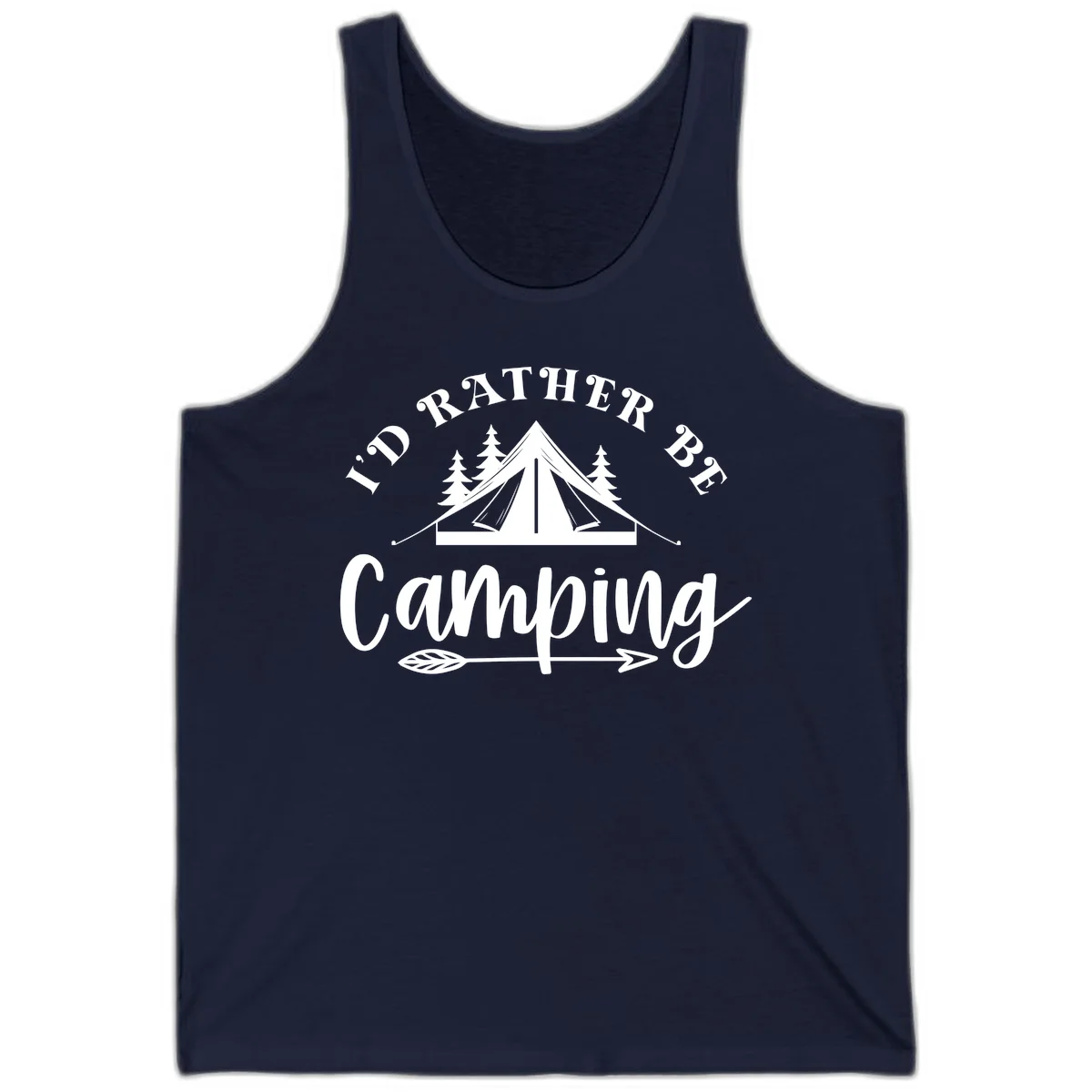 I'd Rather Be Camping design with bell tent, pine trees, and decorative elements on gray background in Navy