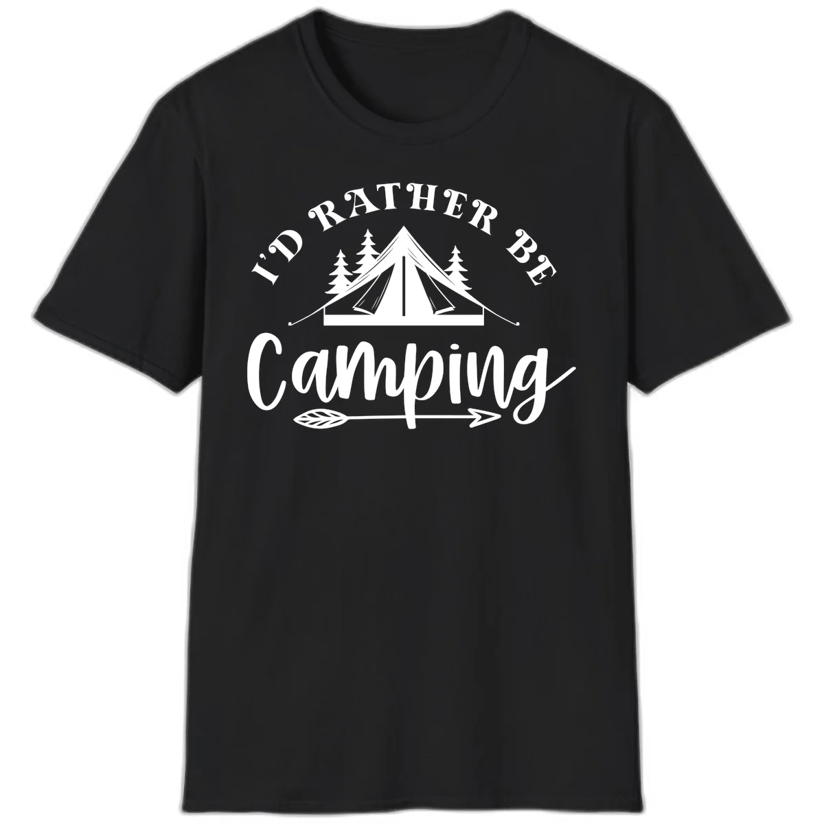 I'd Rather Be Camping design with bell tent, pine trees, and decorative elements on gray background in Black