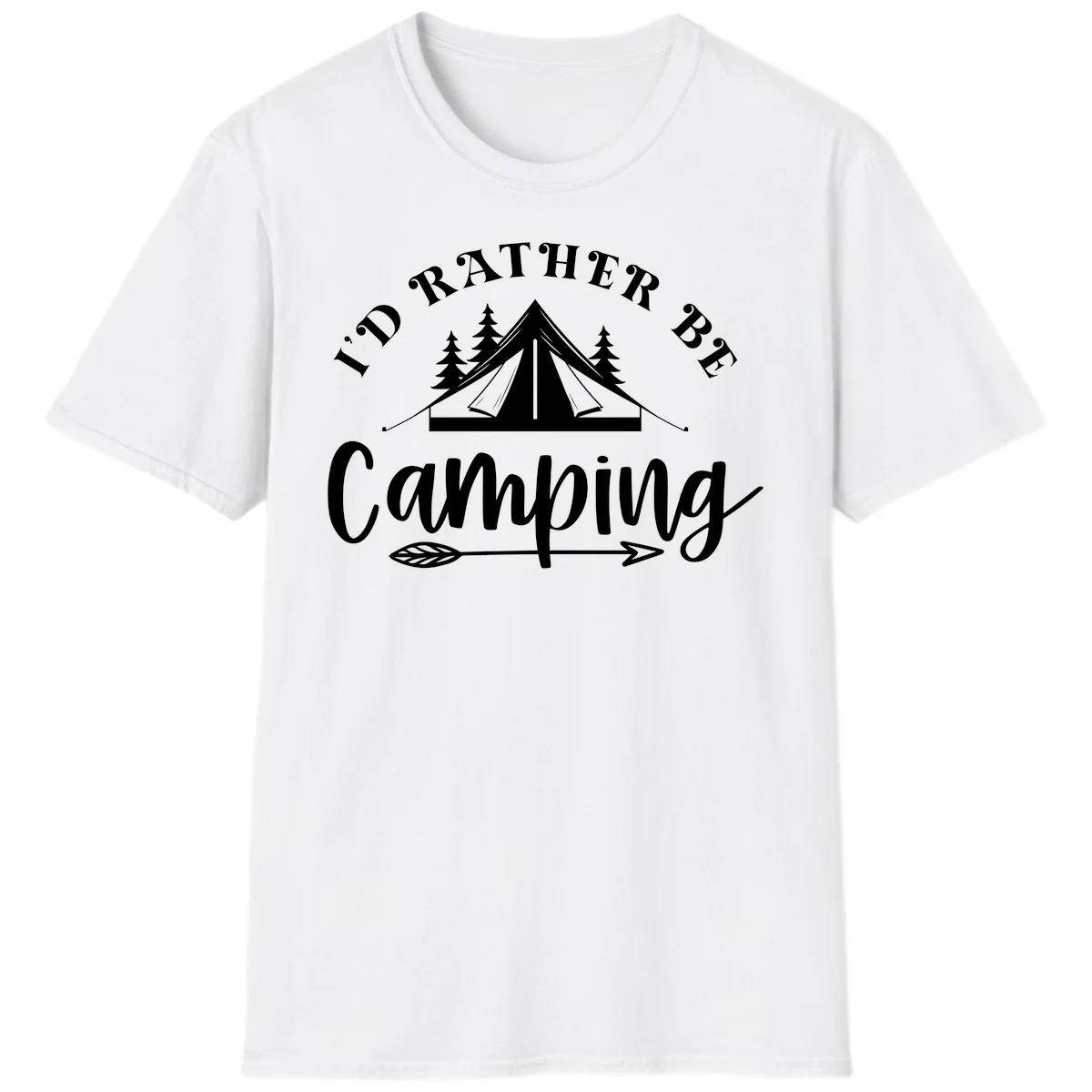 I'd Rather Be Camping design with bell tent, pine trees, and decorative elements on gray background in White