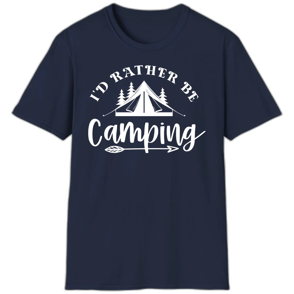 I'd Rather Be Camping design with bell tent, pine trees, and decorative elements on gray background in Navy