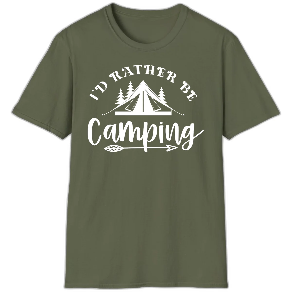 I'd Rather Be Camping design with bell tent, pine trees, and decorative elements on gray background in Military Green