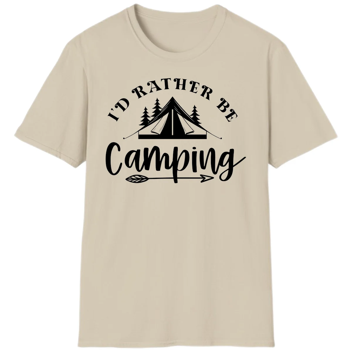 I'd Rather Be Camping design with bell tent, pine trees, and decorative elements on gray background in Sand
