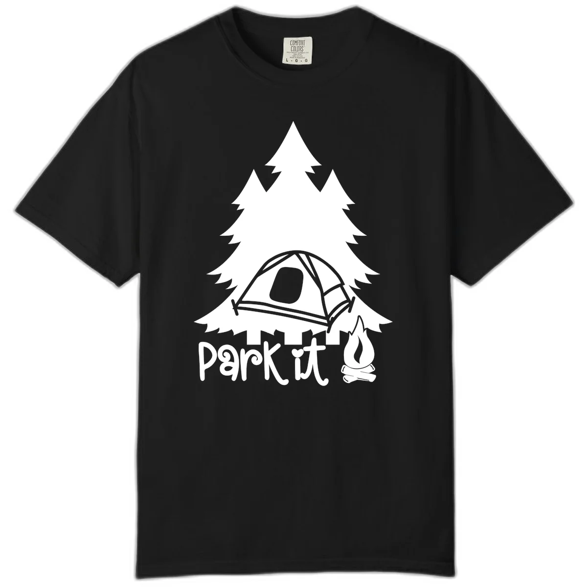 Park it camping design with evergreen trees, pitched tent, and campfire illustration with text in Black