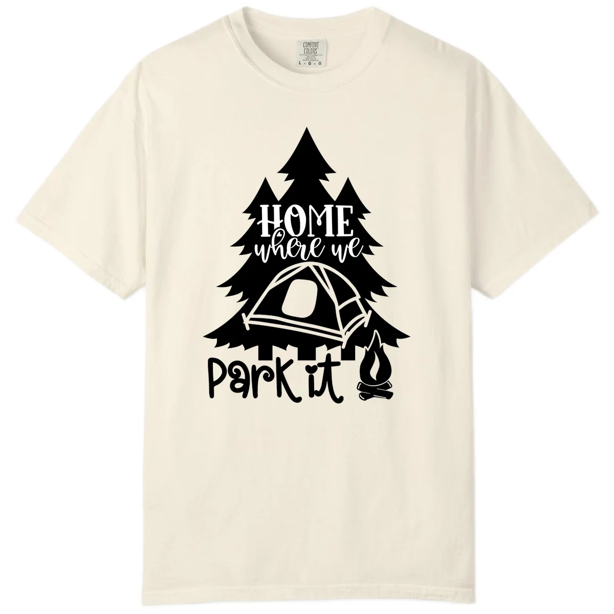 Park it camping design with evergreen trees, pitched tent, and campfire illustration with text in Ivory