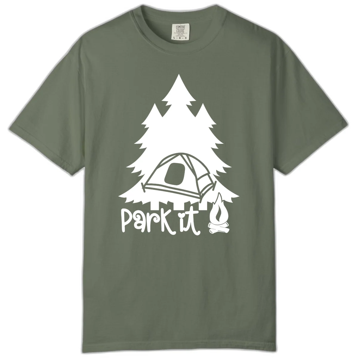 Park it camping design with evergreen trees, pitched tent, and campfire illustration with text in Moss