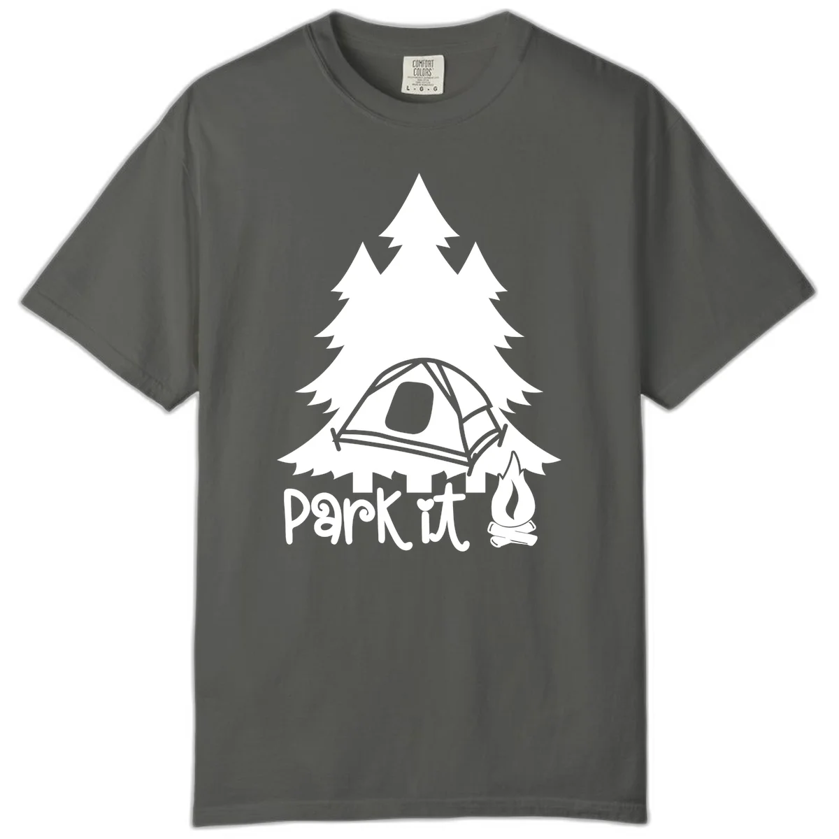 Park it camping design with evergreen trees, pitched tent, and campfire illustration with text in Pepper