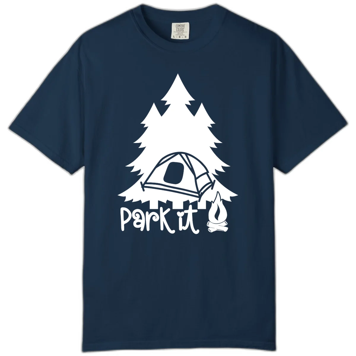 Park it camping design with evergreen trees, pitched tent, and campfire illustration with text in True Navy