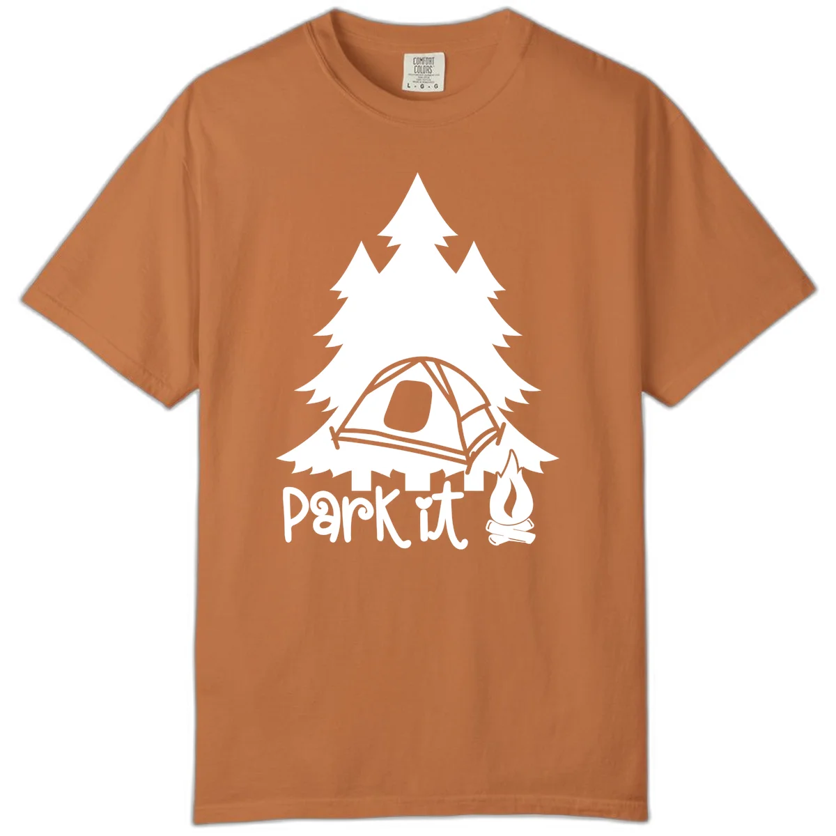 Park it camping design with evergreen trees, pitched tent, and campfire illustration with text in Yam