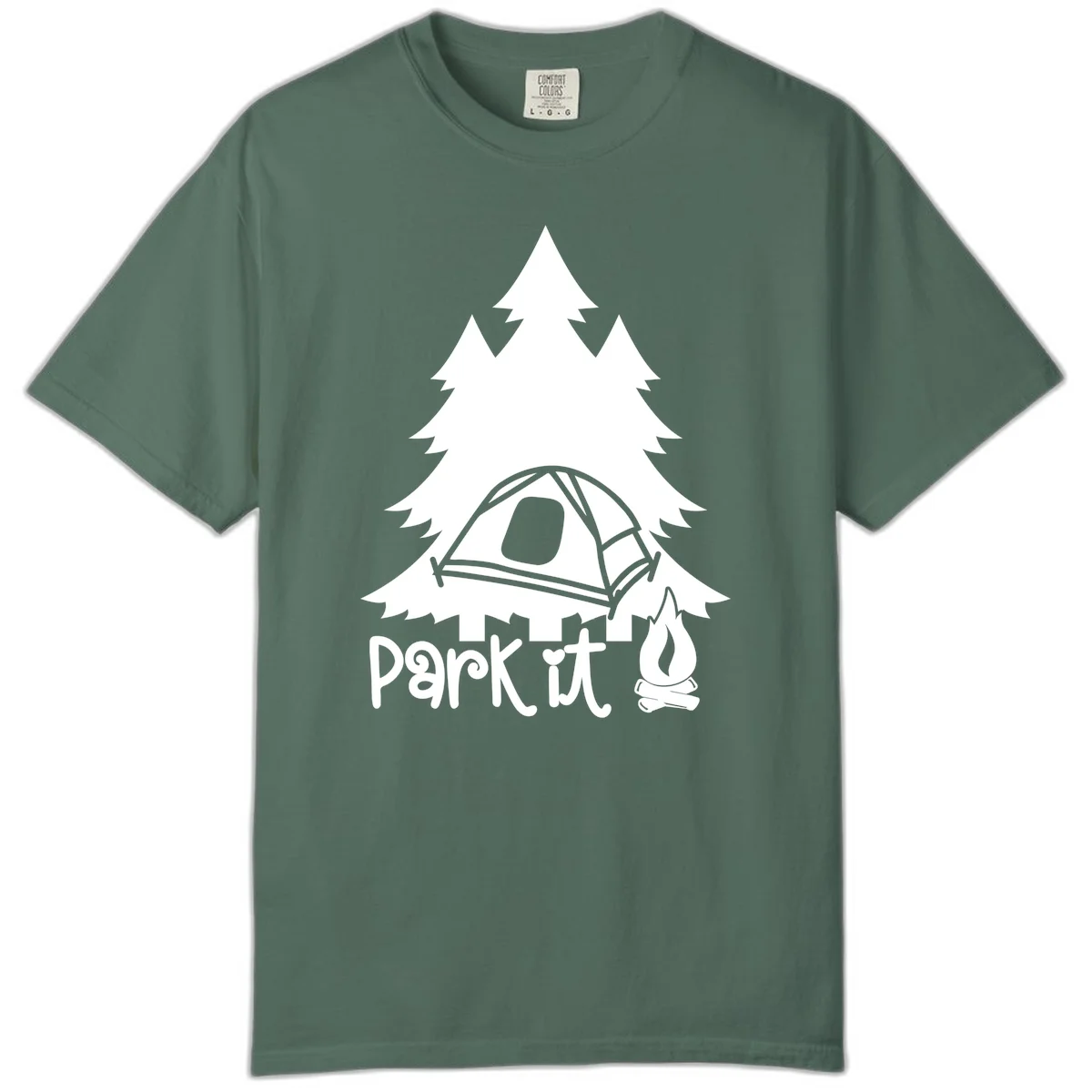 Park it camping design with evergreen trees, pitched tent, and campfire illustration with text in Blue Spruce