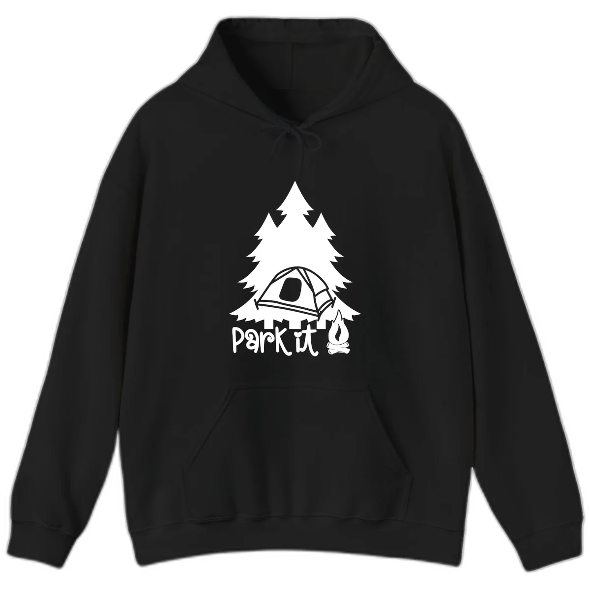 Park it camping design with evergreen trees, pitched tent, and campfire illustration with text in Black