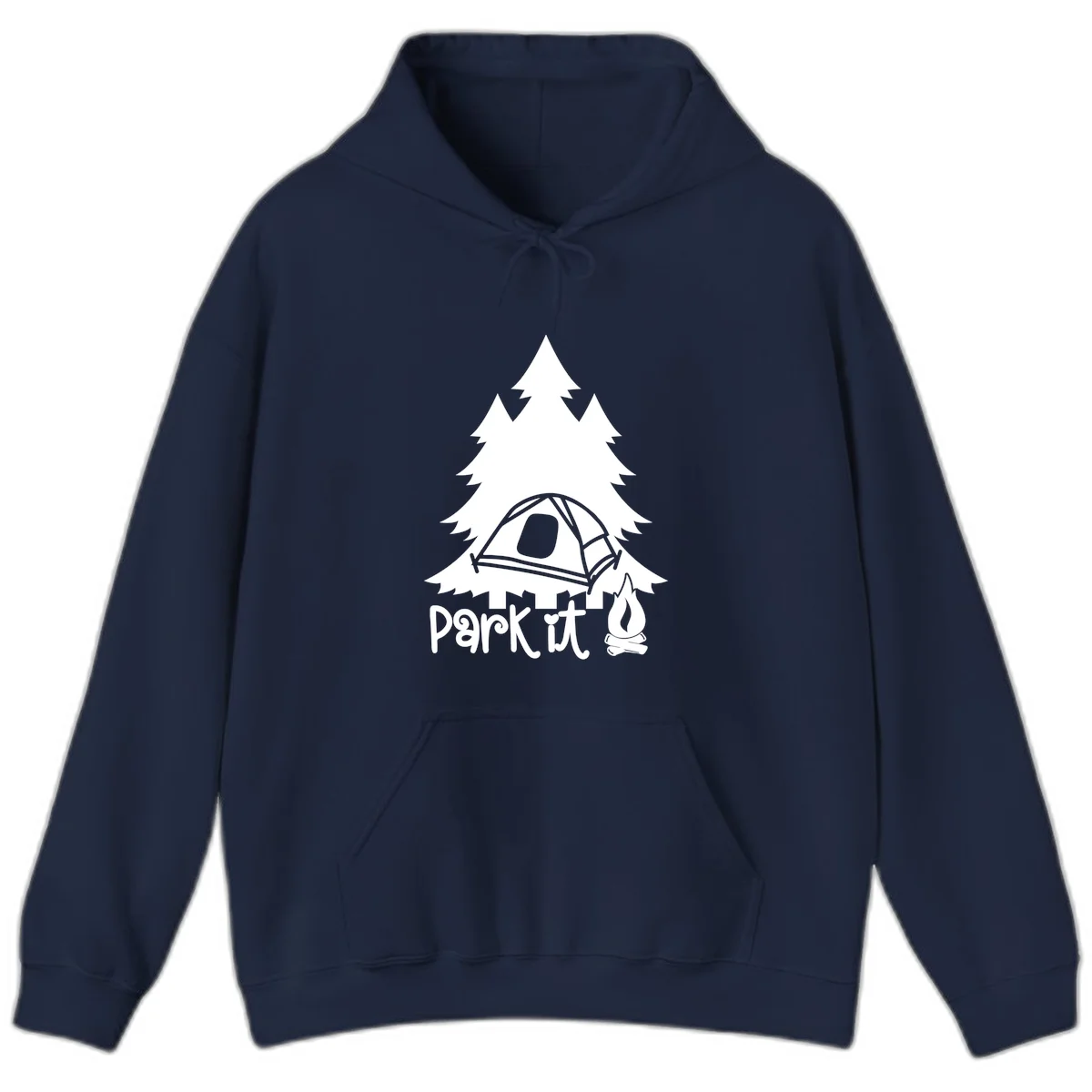 Park it camping design with evergreen trees, pitched tent, and campfire illustration with text in Navy