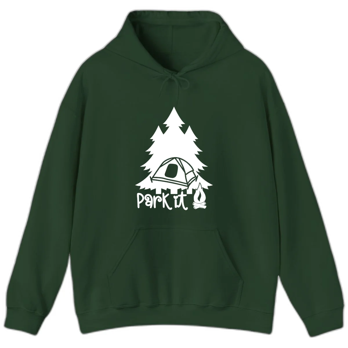Park it camping design with evergreen trees, pitched tent, and campfire illustration with text in Forest Green