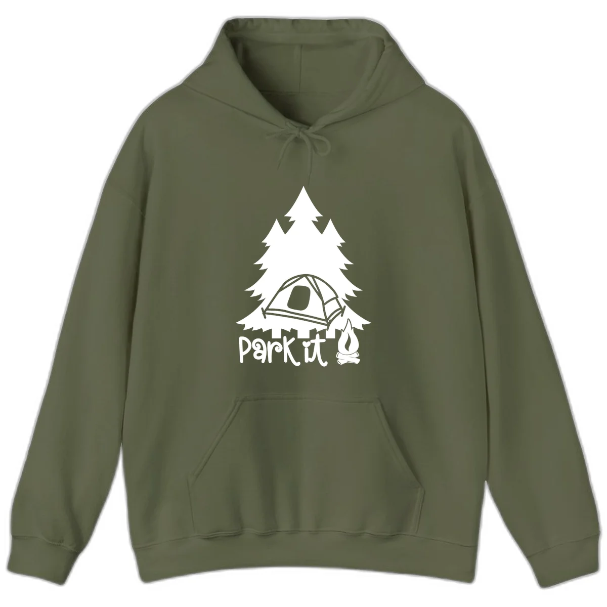 Park it camping design with evergreen trees, pitched tent, and campfire illustration with text in Military Green
