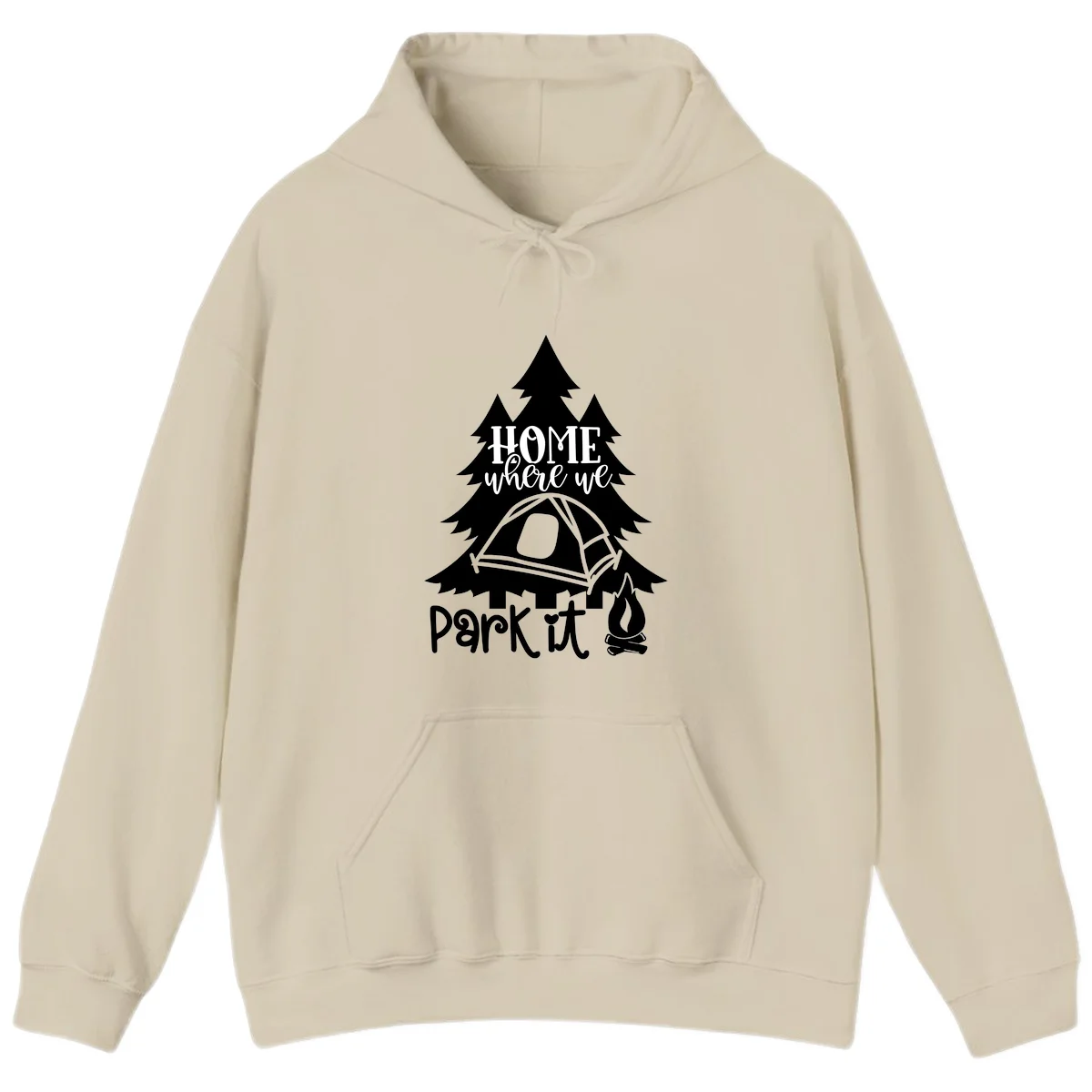 Park it camping design with evergreen trees, pitched tent, and campfire illustration with text in Sand