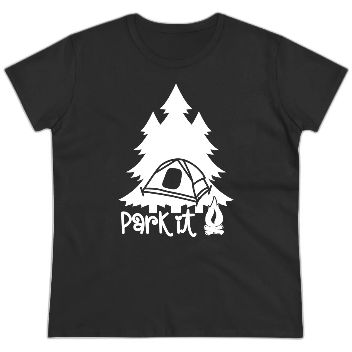 Park it camping design with evergreen trees, pitched tent, and campfire illustration with text in Black
